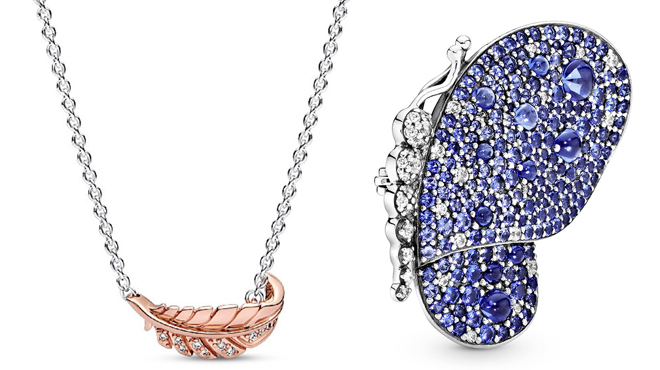 Pandora Moments Two Tone CZ Necklace and Silver Blue Pave Butterfly Brooch