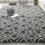 Poboton Fluffy Plush Area Rug in grey and white diamond color