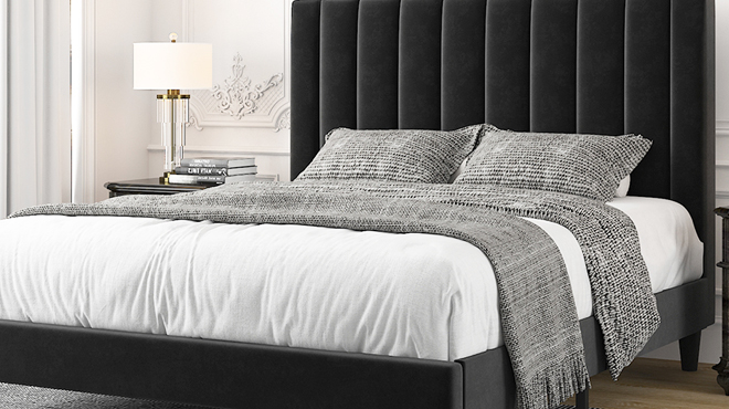 Queen Velvet Upholstered Bed Frame in Black Color