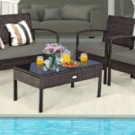 Rattan 4 Piece Patio Furniture Set with Glass Top Table