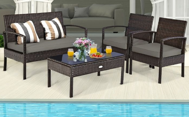 Rattan 4 Piece Patio Furniture Set with Glass Top Table