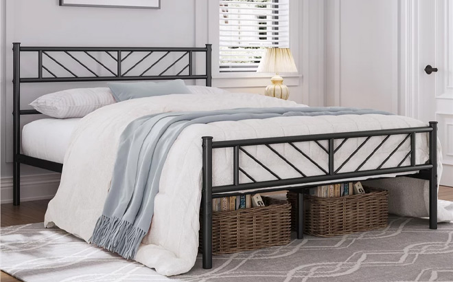 Renwick Justice Metal Platform Bed with Arrow Design in Black Renwick Justice Metal Platform Bed with Arrow Design in Black