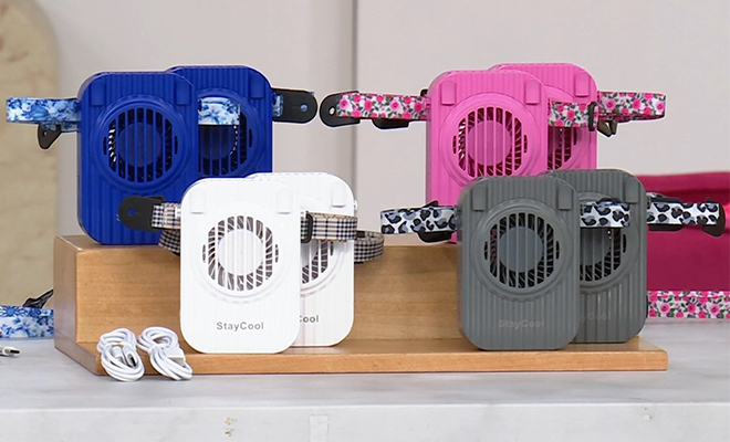 StayCool Rechargeable Personal Fans on Display Shelves on a Table