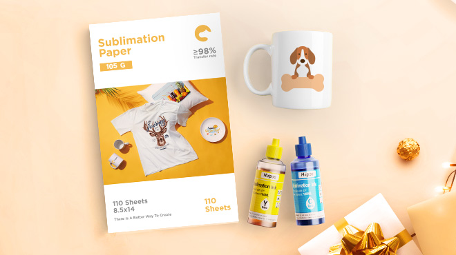 Sublimation Paper next to a Mug and Ink Sublimation Paper next to a Mug and Ink