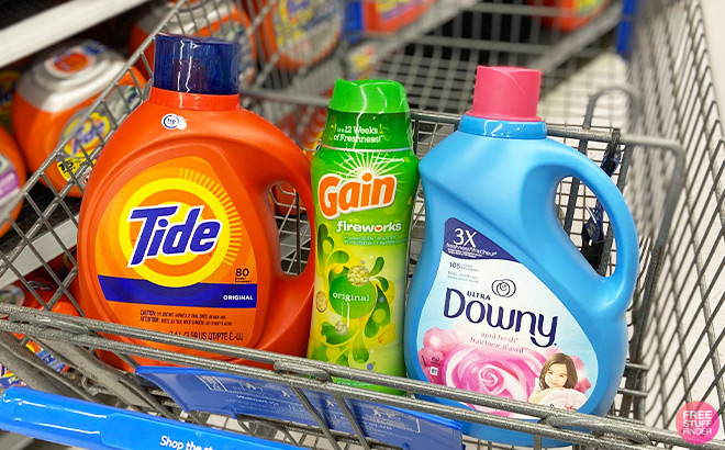 Tide Gain and Downy in a Shopping Cart inside a Store