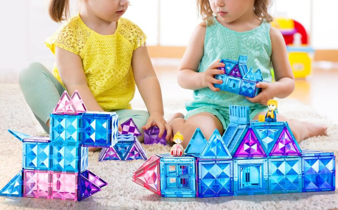 Two Girls Playing tih Benoker Frozen Castle Magnetic Tiles