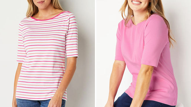 Two People Wearing St Johns Bay Womens Boat Neck Elbow Sleeve T Shirts Two People Wearing St Johns Bay Womens Boat Neck Elbow Sleeve T Shirts