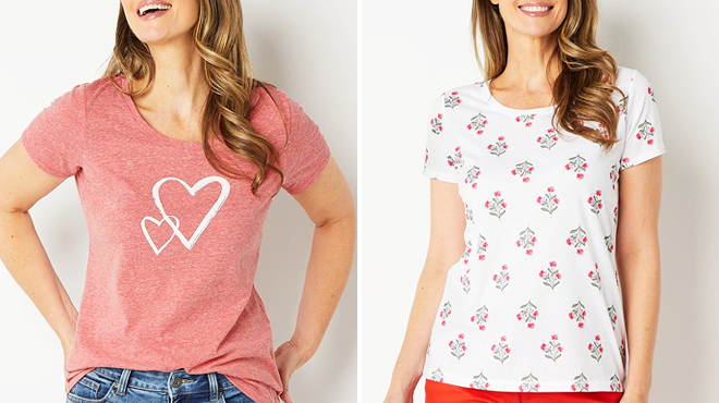 Two People Wearing St Johns Bay Womens Crew Neck Short Sleeve T Shirts Two People Wearing St Johns Bay Womens Crew Neck Short Sleeve T Shirts