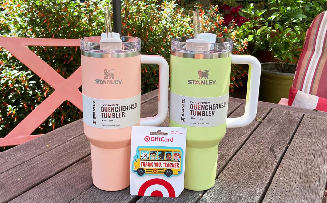 Two Stanley Quencher Tumblers on a Patio Table with Target Gift Card for Teachers