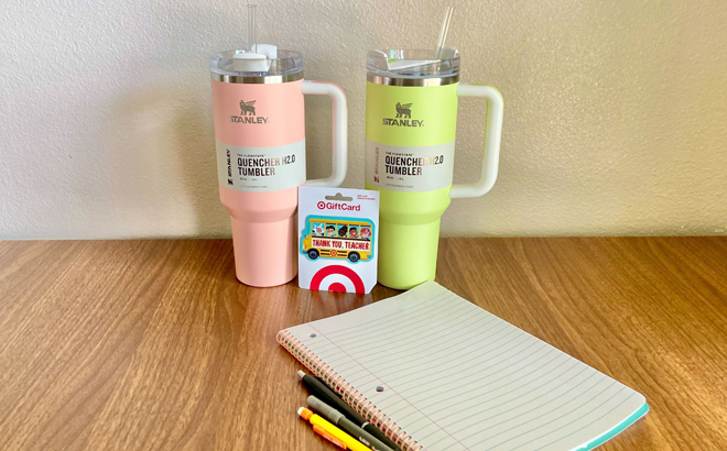 Two Stanley Quencher Tumblers on a Table with Target Gift Card for Teachers