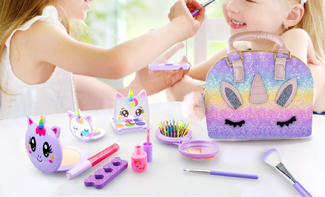Unicorn Purse Kids Real Makeup Kit on a Table with Kids Doing Makeup in the Background
