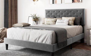 Velvet Bed with Adjustable Upholstered Headboard
