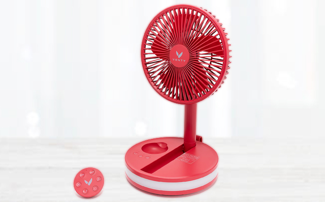 Venty Rechargeable Portable Telescopic Fan with Remote Control in Red Color