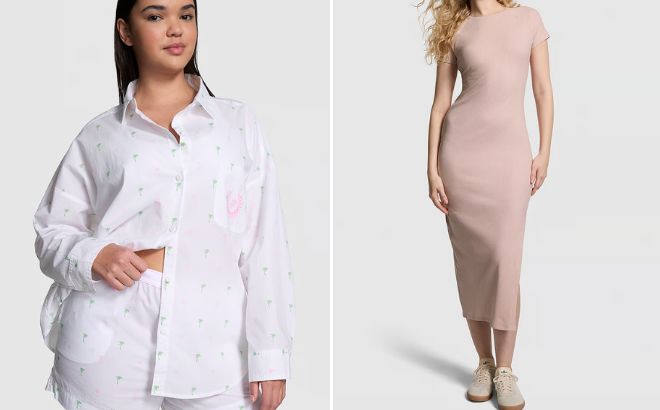 Victorias Secret Pink Cotton Poplin Oversized Button Down Sleepshirt and Contour Ribbed Midi Dress