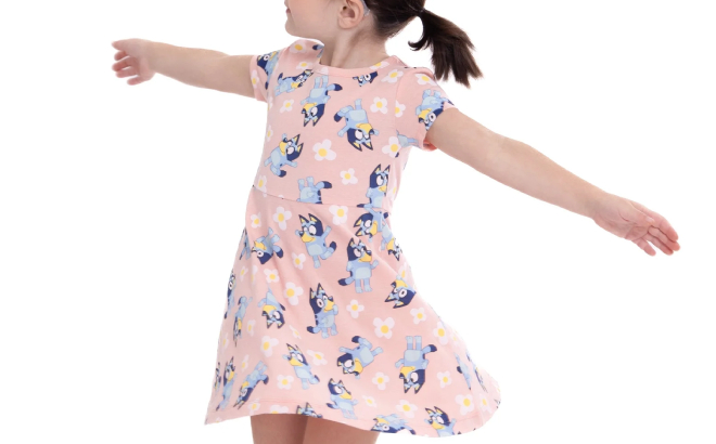 A Girl Wearing Bluey Print Skater Dress