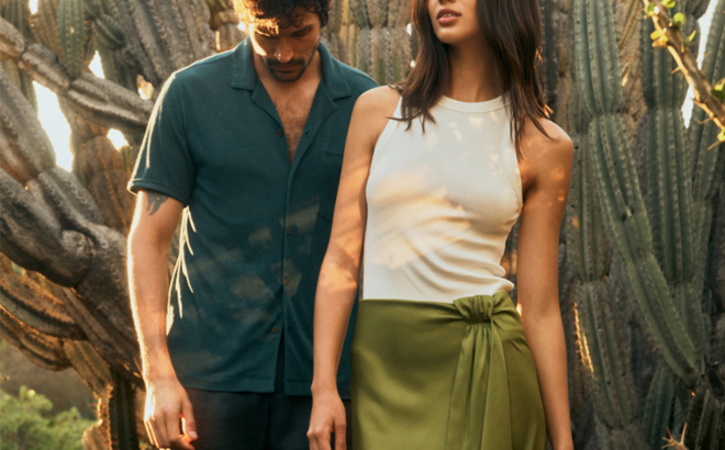 A Man and Woman Wearing Banana Republic Clothing and Posing infront of a Cactus A Man and Woman Wearing Banana Republic Clothing and Posing infront of a Cactus