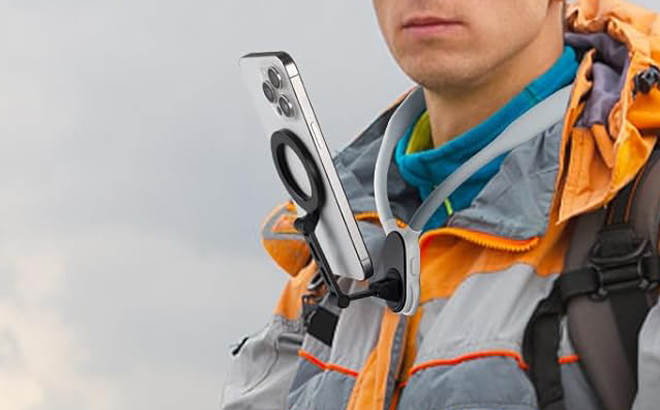 A Person wearing Magnetic Neck Phone Mount around their Neck 1