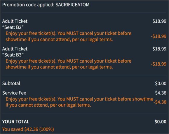 A Sacrifice Movie Ticket checkout page