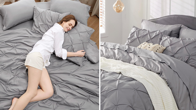A Woman Sleeping in a Bed with Bedsure Queen Comforter Set in Grey A Woman Sleeping in a Bed with Bedsure Queen Comforter Set in Grey