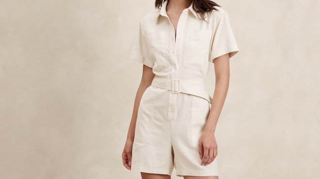 A Woman Wearing Banana Republic Linen Blend Twill Romper A Woman Wearing Banana Republic Linen Blend Twill Romper