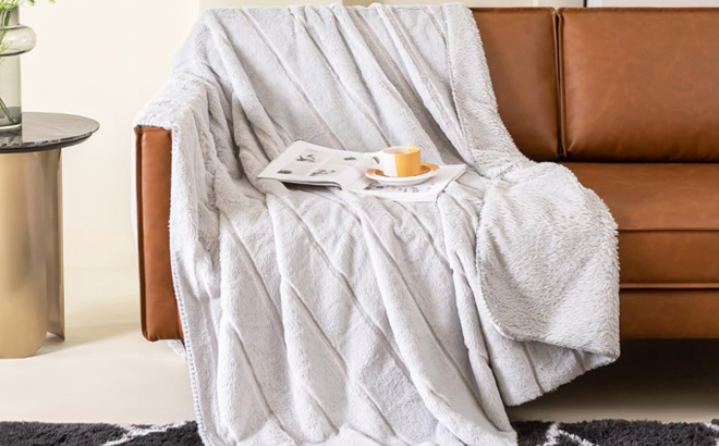 Faux Rabbit Fur Throw Blanket on a Couch