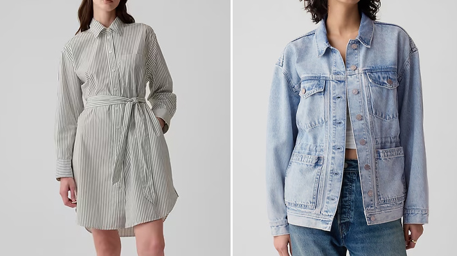 GAP Organic Cotton Stripe Mini Shirtdress and Cinched Denim Jacket GAP Organic Cotton Stripe Mini Shirtdress and Cinched Denim Jacket