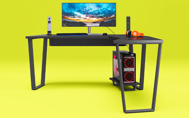 Gaming L Desk with CPU Stand in Black Color