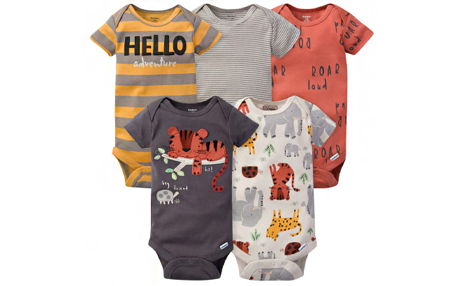 Gerber Baby Boys Safari Short Sleeve Onesies 5 Pack