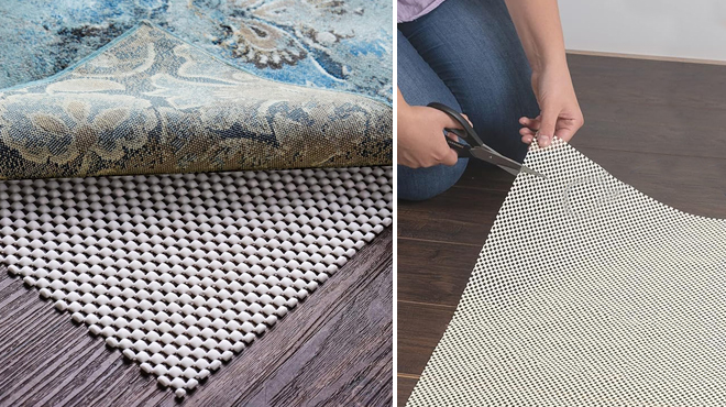 Non Slip Rug Pad Gripper and a Person Cutting a Non Slip Rug Pad Gripper Non Slip Rug Pad Gripper and a Person Cutting a Non Slip Rug Pad Gripper