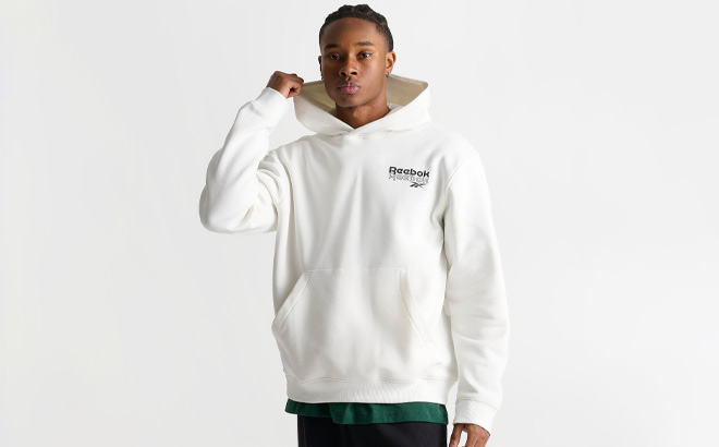 Reebok Mens Stack Logo Hoodie in Chalk Color Reebok Mens Stack Logo Hoodie in Chalk Color