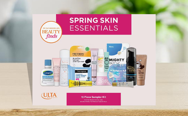 Spring Skin Essentials 15 Piece Sampler Kit on a Table