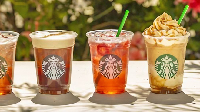 Various Starbucks Drinks on a Table Various Starbucks Drinks on a Table