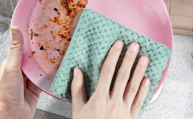A Person Cleaning a Plate Using a Microfiber Kitchen Towel A Person Cleaning a Plate Using a Microfiber Kitchen Towel