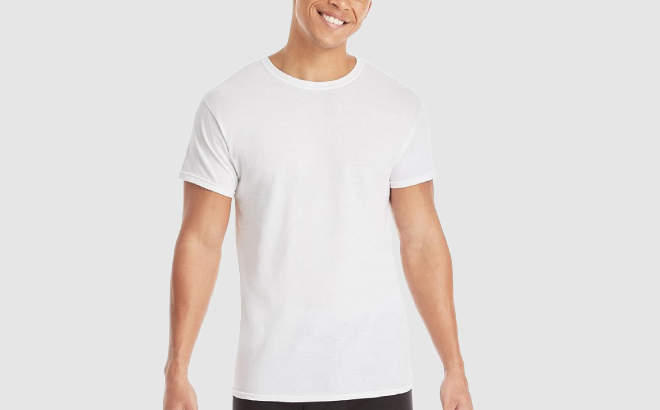 A Person Wearing a Hanes Crew Tee Shirt A Person Wearing a Hanes Crew Tee Shirt