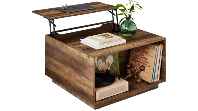 BCP Square Rustic Modern Lift Top Coffee Table with Cubby in Brown Color BCP Square Rustic Modern Lift Top Coffee Table with Cubby in Brown Color
