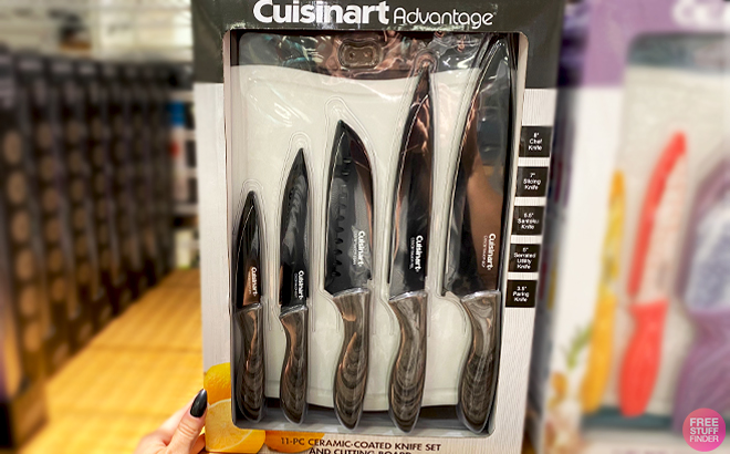 Cuisinart Faux Wood 11 Piece Cutting Board and Knife Set Box on a Shelf 