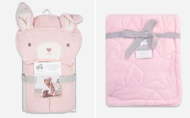 Just Born Animal Hooded Bath Wrap and Pink Star Plush Blanket Just Born Animal Hooded Bath Wrap and Pink Star Plush Blanket