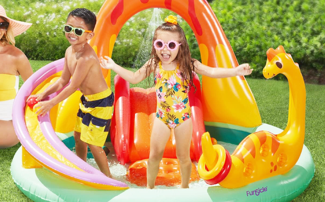 Kids Playing in Funsicle 6 Foot Volcanic Valley Inflatable Playcenter