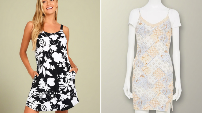 LilacLondon Womens Print Chemise Mini Dress on the left and Almost Famous Cami Mini Dress 2 Piece Set on the right