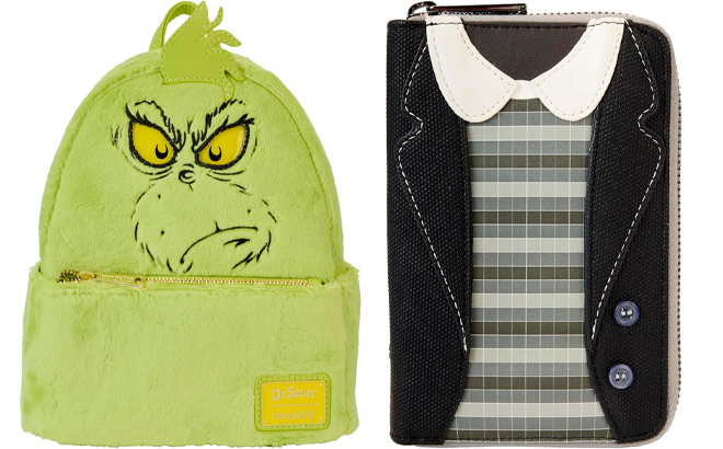 Loungefly Dr Seuss Plush Grinch Light Up Cosplay Mini Backpack and Loungefly Warner Brothers Beetlejuice 2 Zip Around Wallet