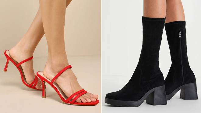 Lulus Manette Slingback High Heel Sandals and Amoire Black Suede Platform Mid Calf Boots Lulus Manette Slingback High Heel Sandals and Amoire Black Suede Platform Mid Calf Boots