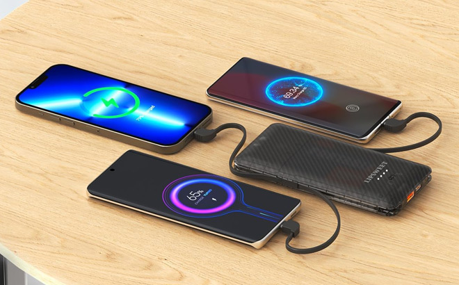 Portable Power Bank with Phones on the Table