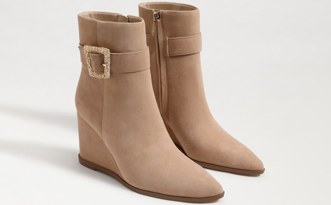 Sam Edelman Weslie Buckle Womens Beige Suede Wedge Boots