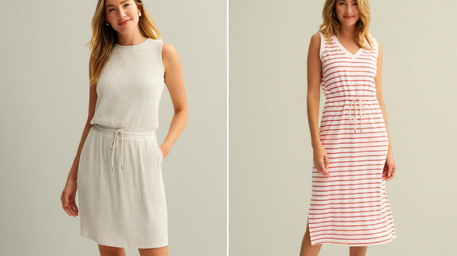 Sonoma Goods For Life Womens Beachy Knit Dress on the elft and Sonoma Goods For Life Ribbed Midi Dress on the right
