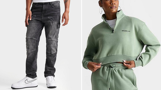 Supply Demand Mens Harbor Denim Jeans and Womens Astro Crop Quarter zip Top Supply Demand Mens Harbor Denim Jeans and Womens Astro Crop Quarter zip Top