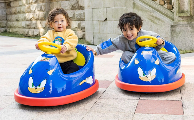 Two Boys Riding Sonic Electric Bumper Cars with Remote Control