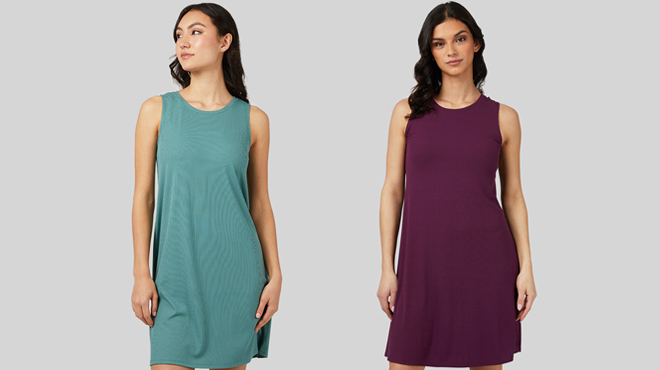 Two Women Wearing 32 Degrees Rib Tank Swing Dresses