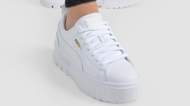 a Person Wearing PUMA Womens Mayze Leather Shoes a Person Wearing PUMA Womens Mayze Leather Shoes