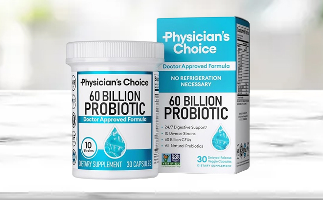 A Bottle Physicians Choice Probiotics 60 Billion CFU on a Table A Bottle Physicians Choice Probiotics 60 Billion CFU on a Table