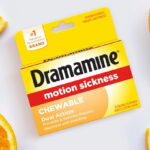 Dramamine Motion Sickness Relief Chewable 8 Count Tablets Box on a Table